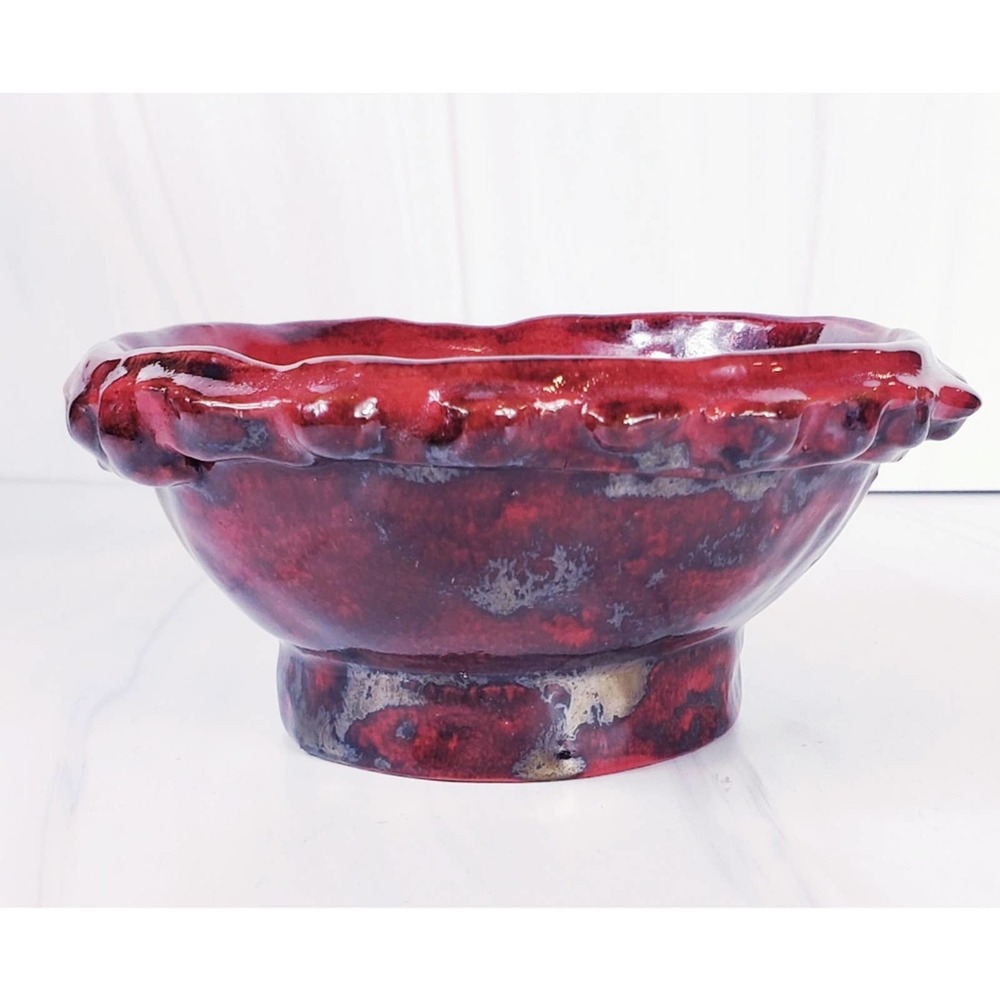Small Red & Metallic Gunmetal  Handmade Studio Pottery Trinket Decorative Bowl